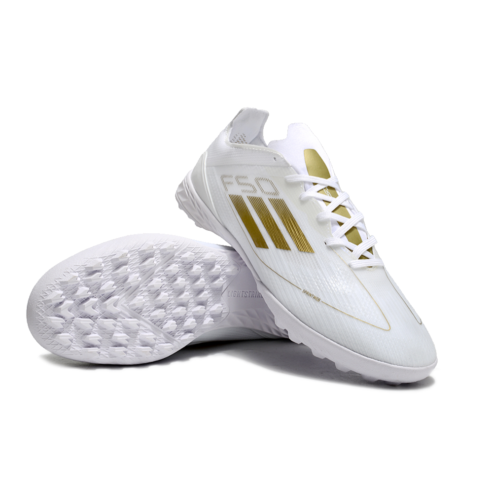 Chuteira Society Adidas F50 TF Branca e Dourado 