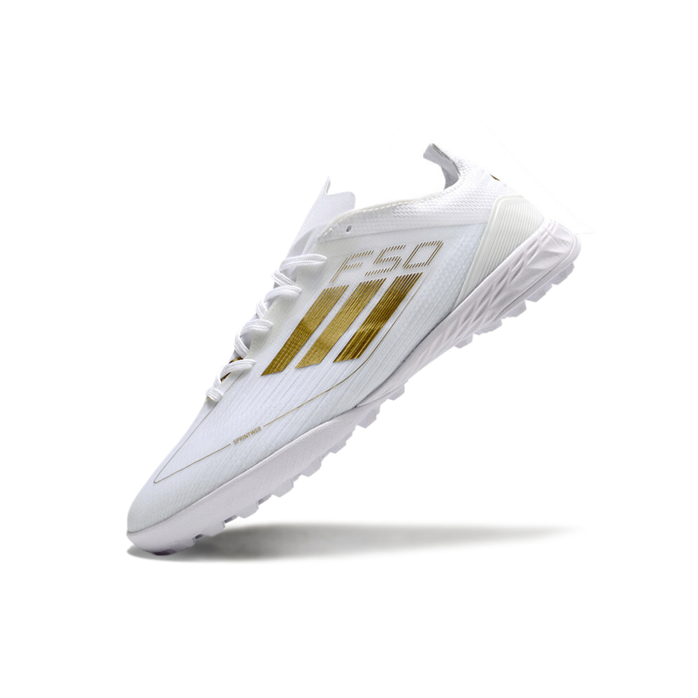 Chuteira Society Adidas F50 TF Branca e Dourado 