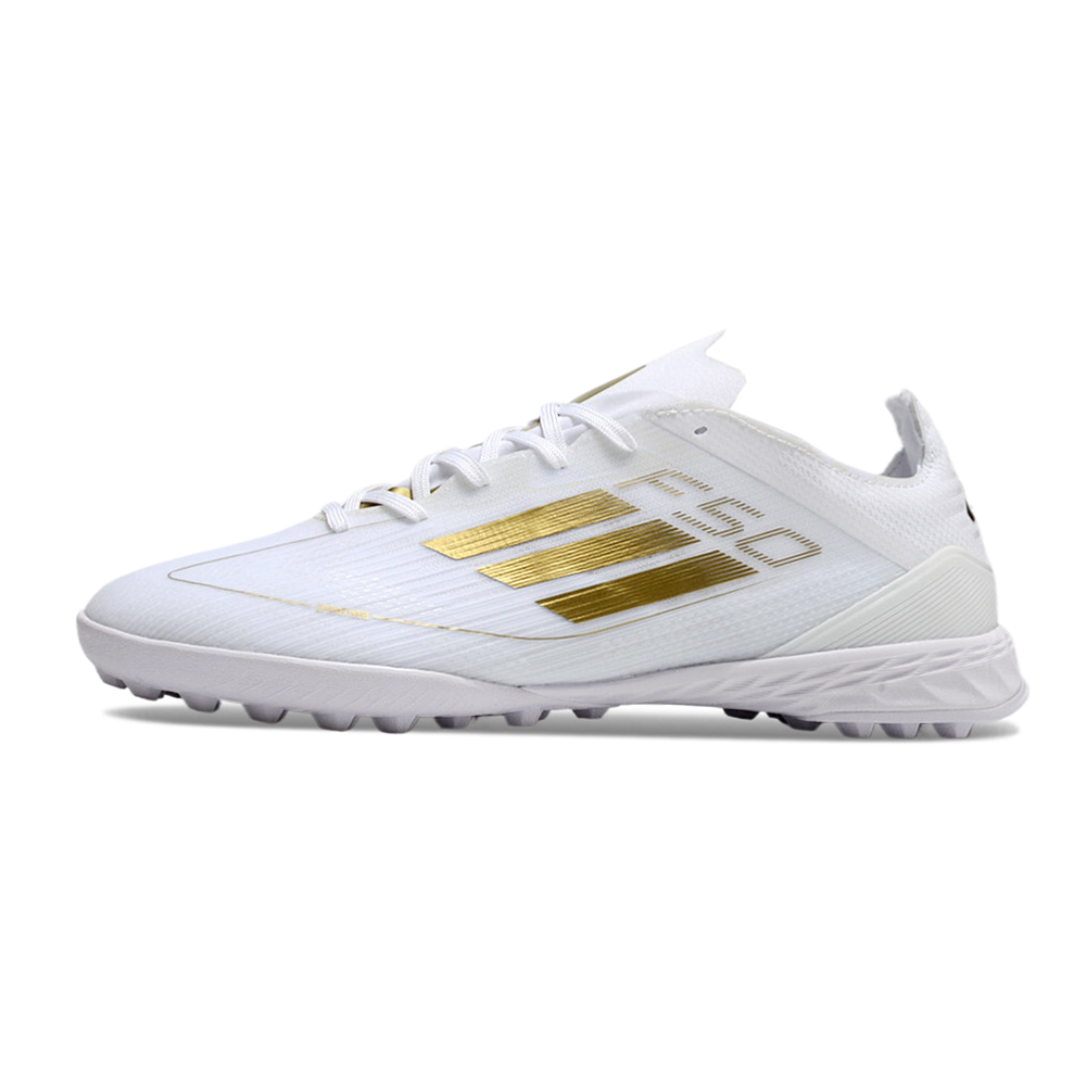 Chuteira Society Adidas F50 TF Branca e Dourado 