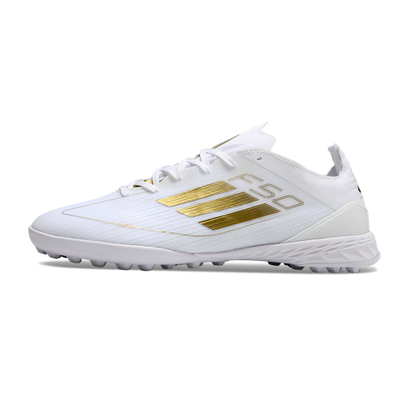 Chuteira Society Adidas F50 TF Branca e Dourado 