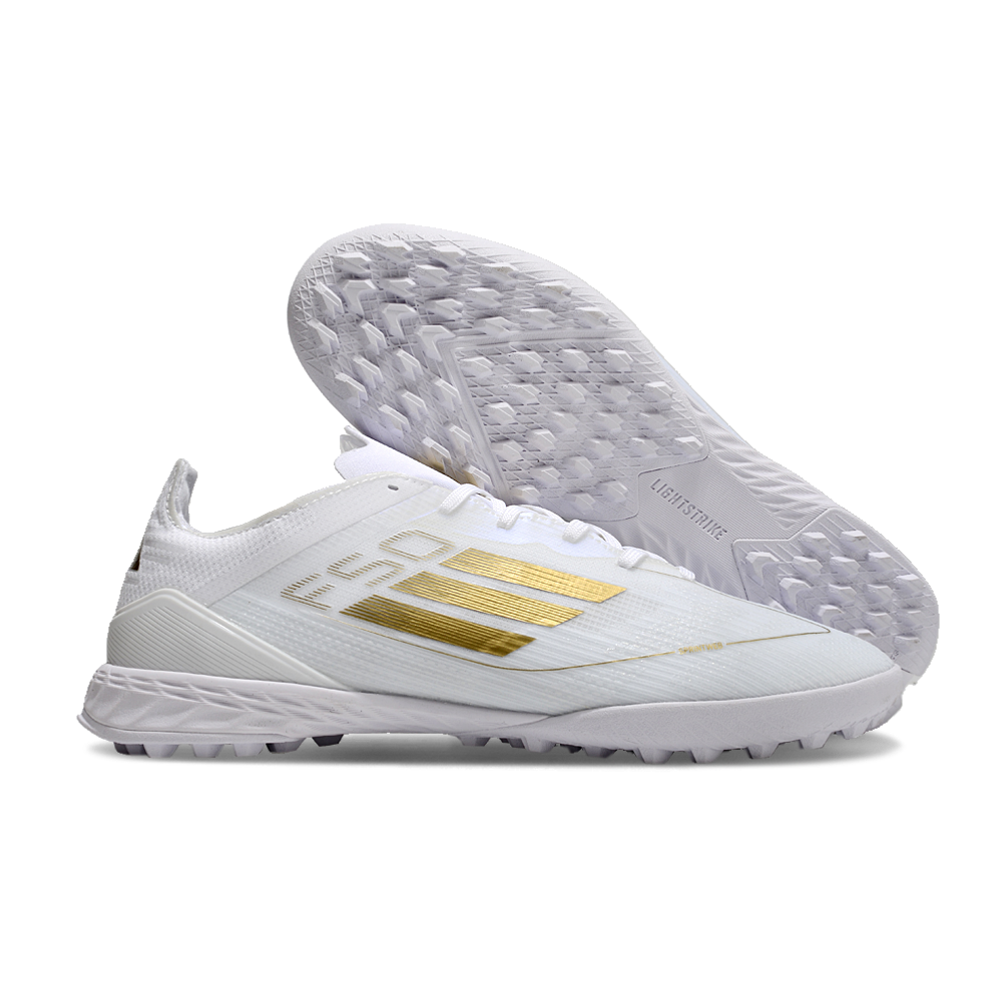 Chuteira Society Adidas F50 TF Branca e Dourado 