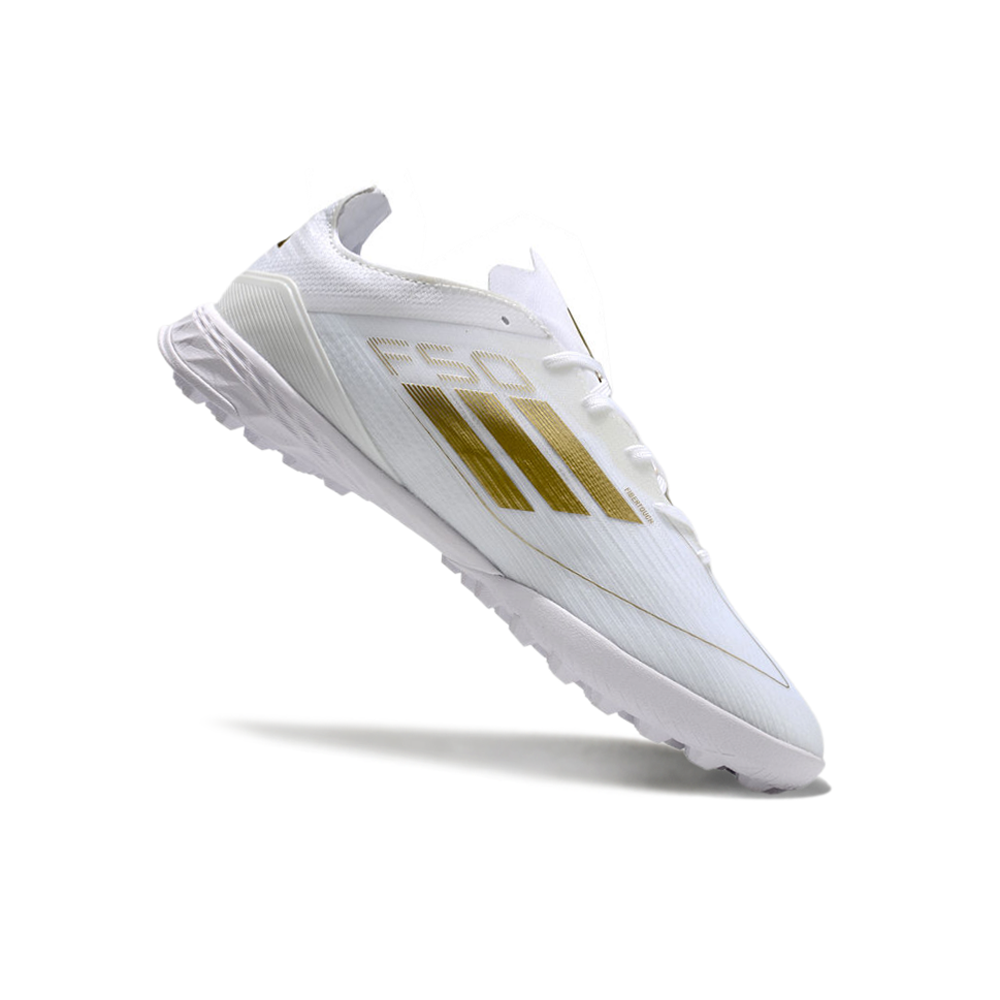 Chuteira Society Adidas F50 TF Branca e Dourado 