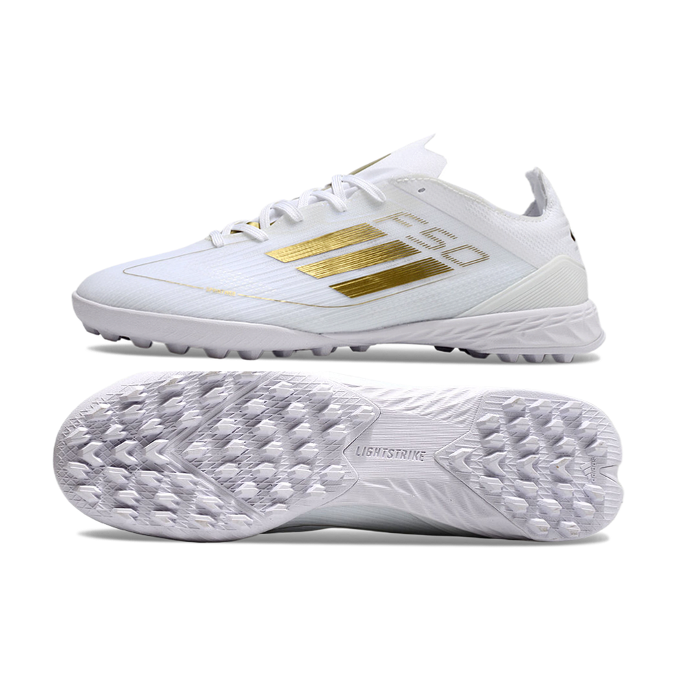 Chuteira Society Adidas F50 TF Branca e Dourado 