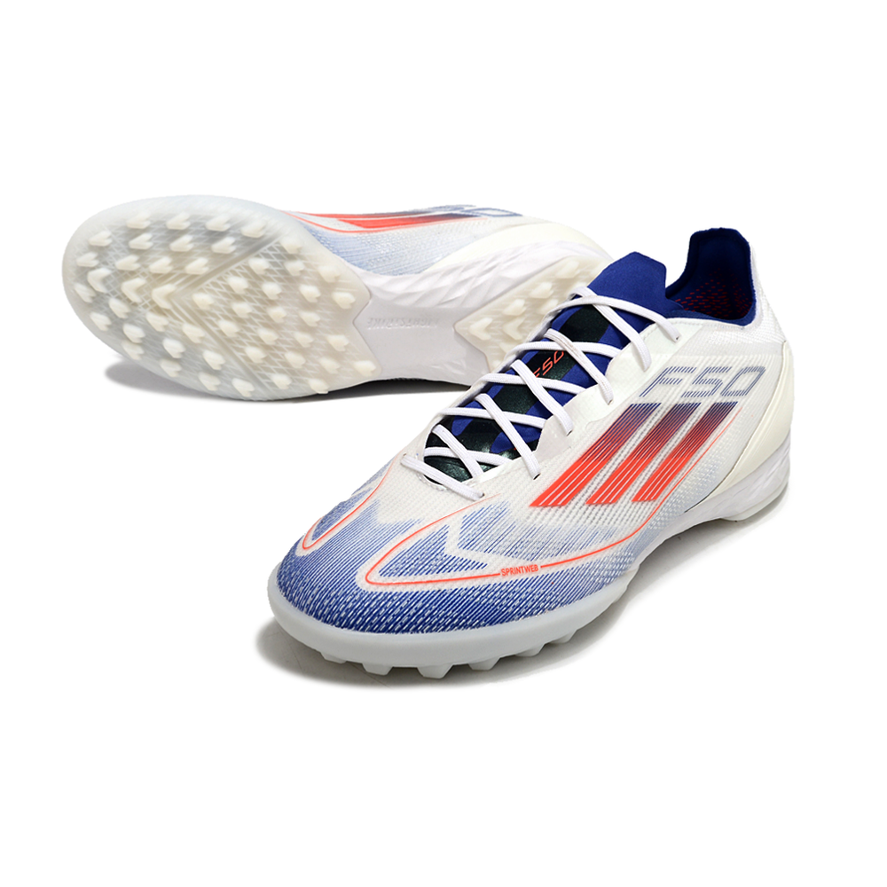Chuteira Society Adidas F50 TF Branca, Azul e Vermelha 