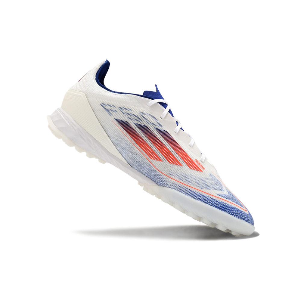 Chuteira Society Adidas F50 TF Branca, Azul e Vermelha 
