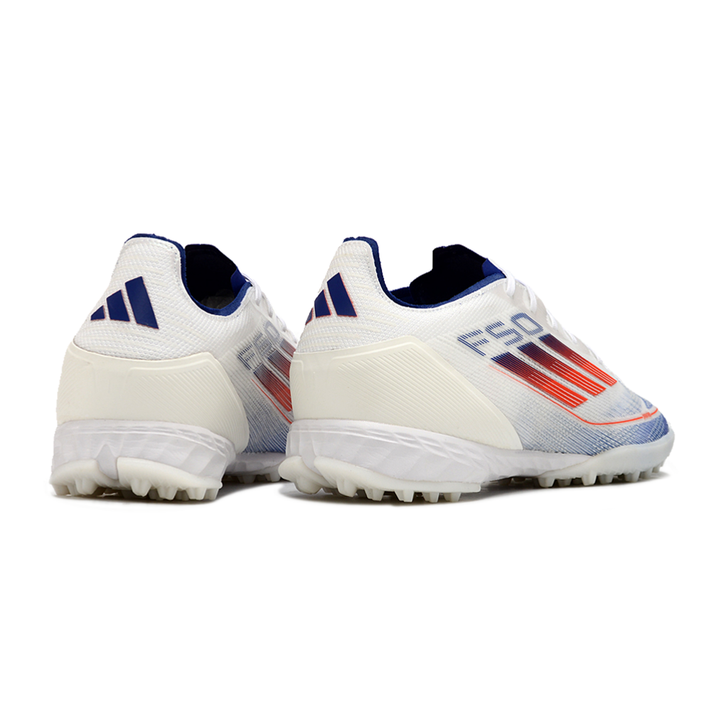Chuteira Society Adidas F50 TF Branca, Azul e Vermelha 