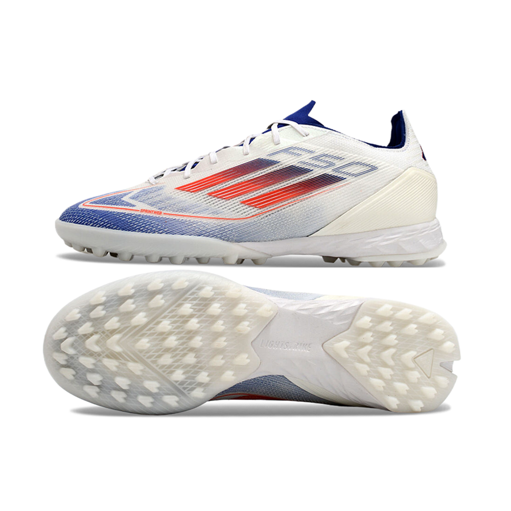 Chuteira Society Adidas F50 TF Branca, Azul e Vermelha 