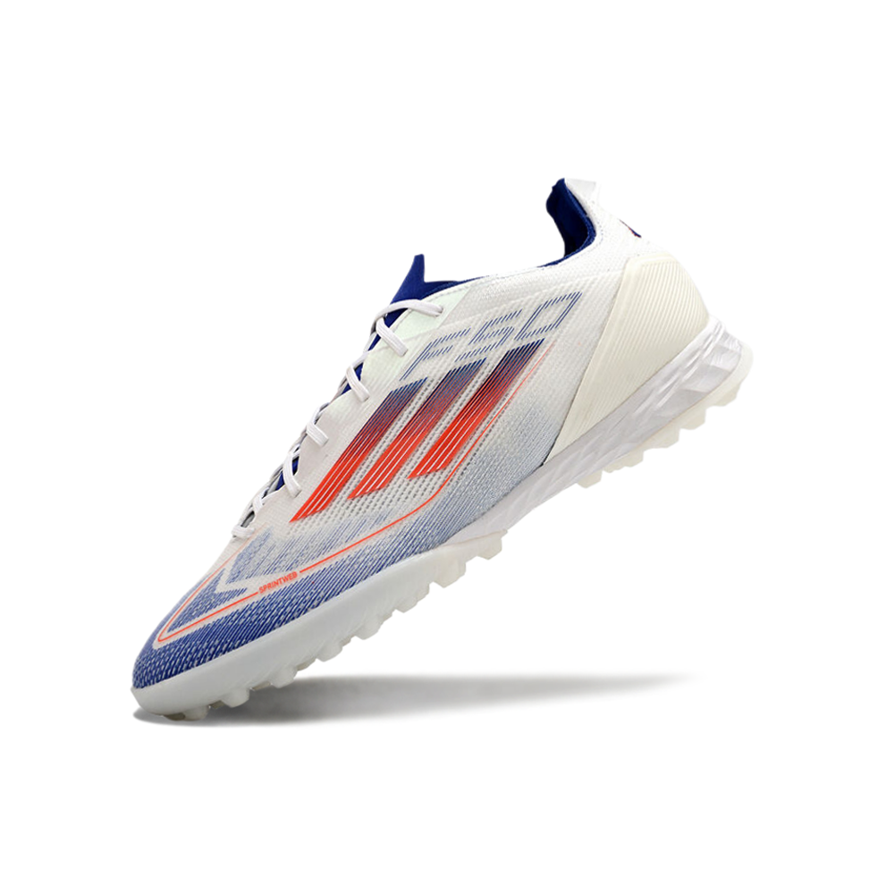 Chuteira Society Adidas F50 TF Branca, Azul e Vermelha 