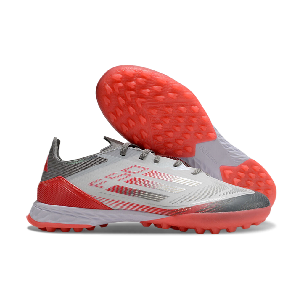 Chuteira Society Adidas F50 TF Branca, Cinza e Vermelha