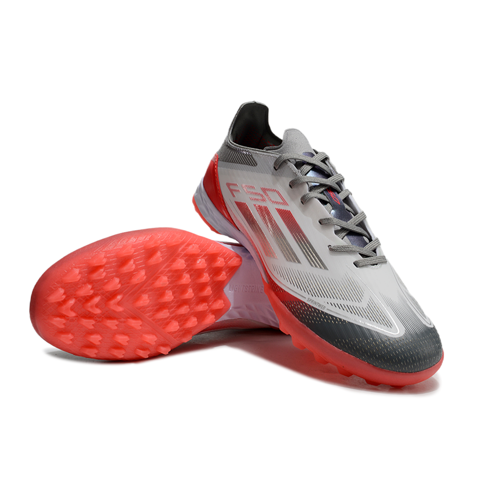 Chuteira Society Adidas F50 TF Branca, Cinza e Vermelha