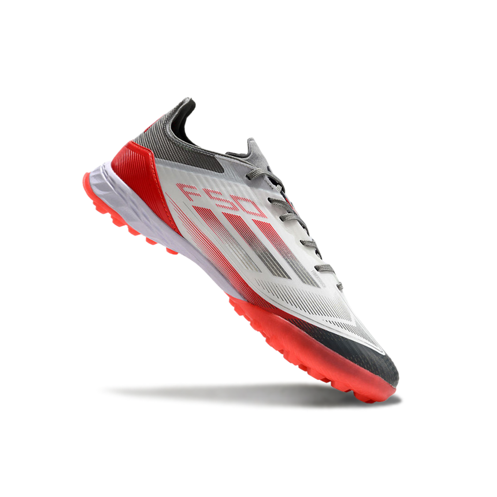 Chuteira Society Adidas F50 TF Branca, Cinza e Vermelha