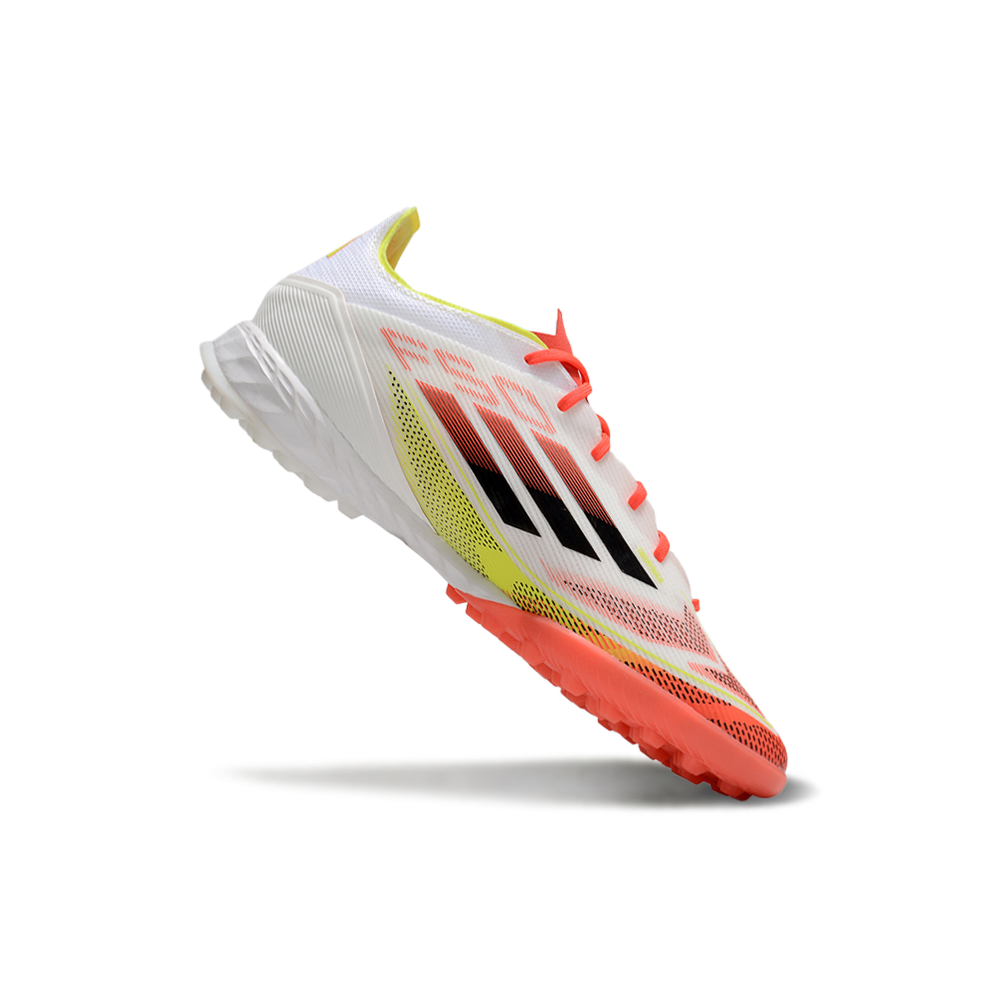 Chuteira Society Adidas F50 TF Branca, Laranja e Amarelo