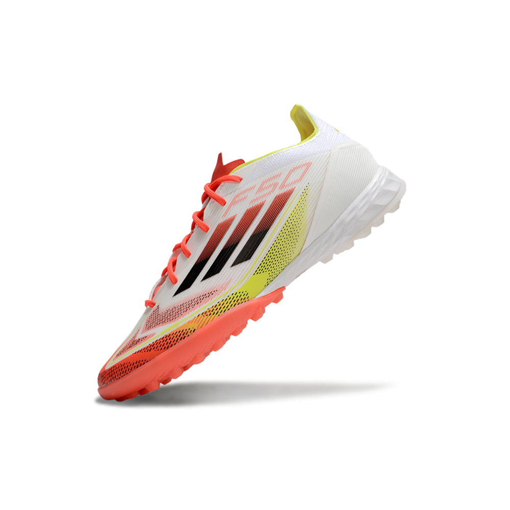 Chuteira Society Adidas F50 TF Branca, Laranja e Amarelo