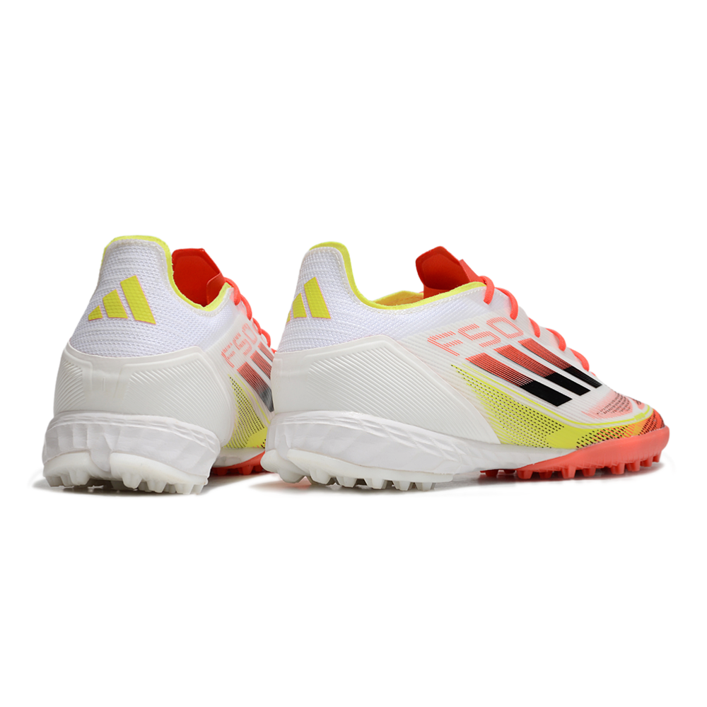 Chuteira Society Adidas F50 TF Branca, Laranja e Amarelo