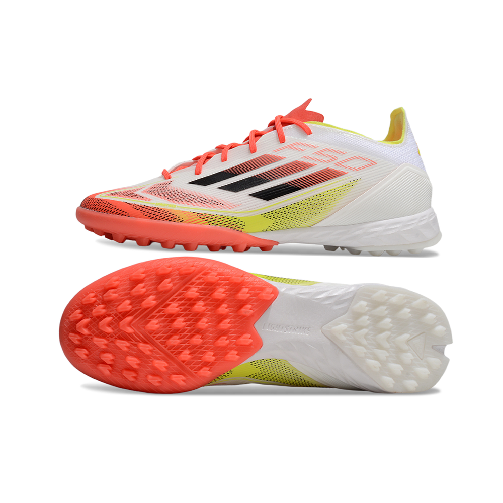 Chuteira Society Adidas F50 TF Branca, Laranja e Amarelo