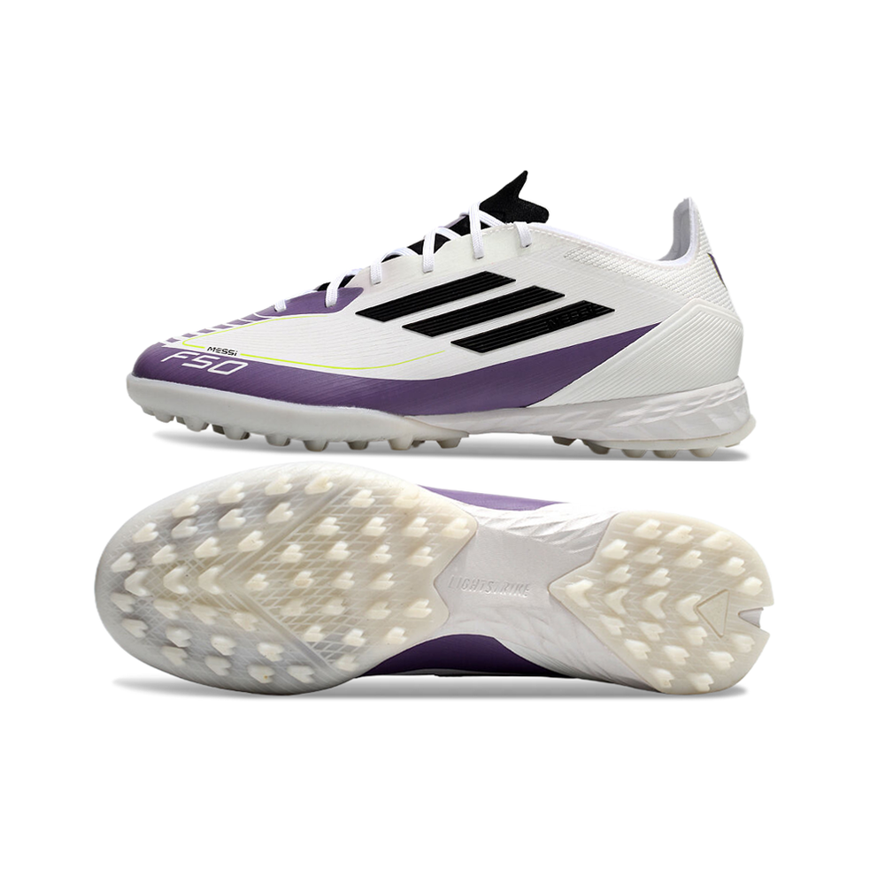 Chuteira Society Adidas F50 TF Branca, Roxa e Preta 