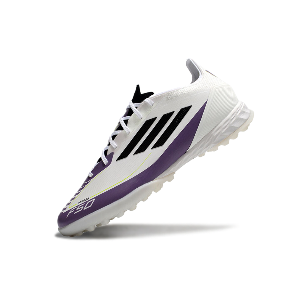 Chuteira Society Adidas F50 TF Branca, Roxa e Preta 