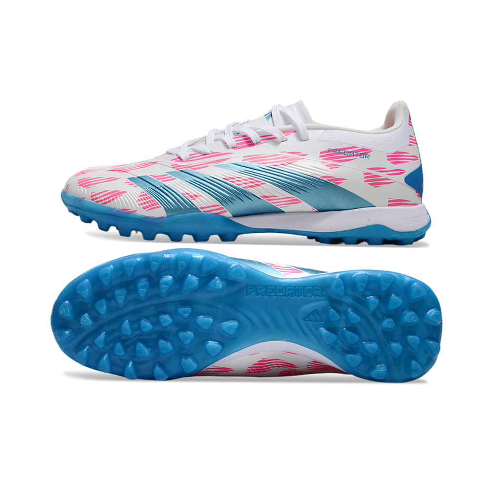Chuteira Society Adidas Predator Elite TF Branca, Rosa e Azul 