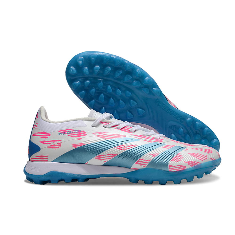 Chuteira Society Adidas Predator Elite TF Branca, Rosa e Azul 