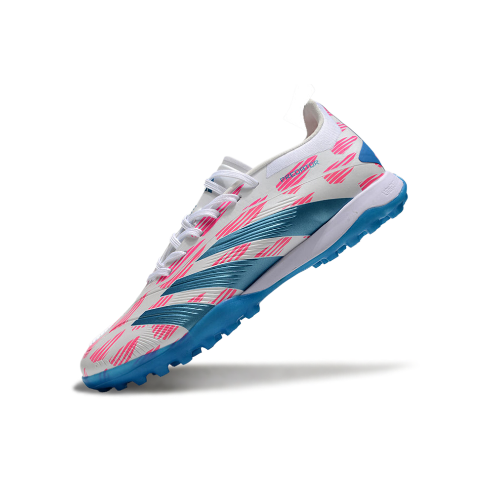 Chuteira Society Adidas Predator Elite TF Branca, Rosa e Azul 