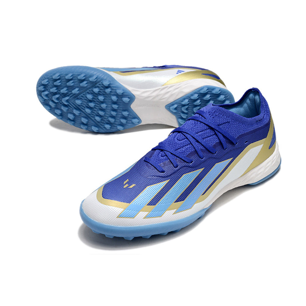 Chuteira Society Adidas X Crazyfast Messi.1 TF Azul, Branco e Dourado 