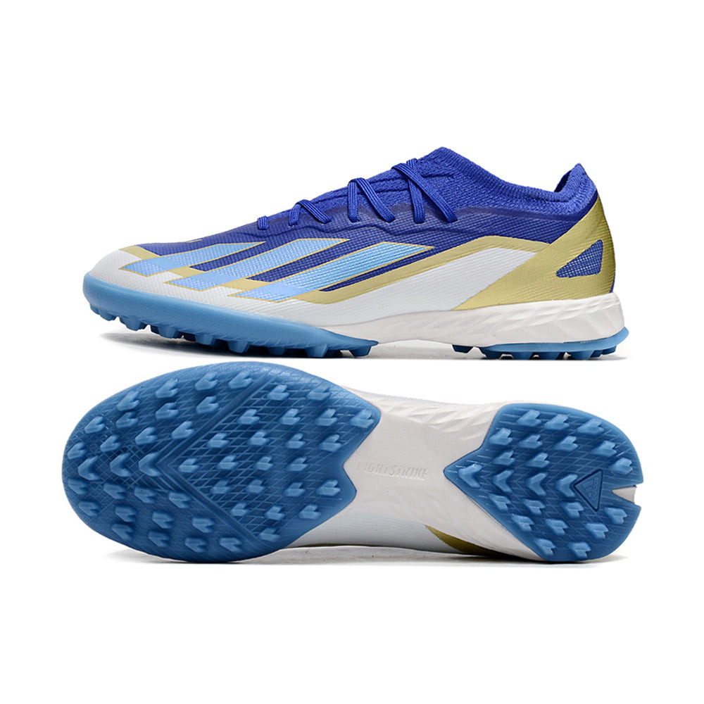 Chuteira Society Adidas X Crazyfast Messi.1 TF Azul, Branco e Dourado 