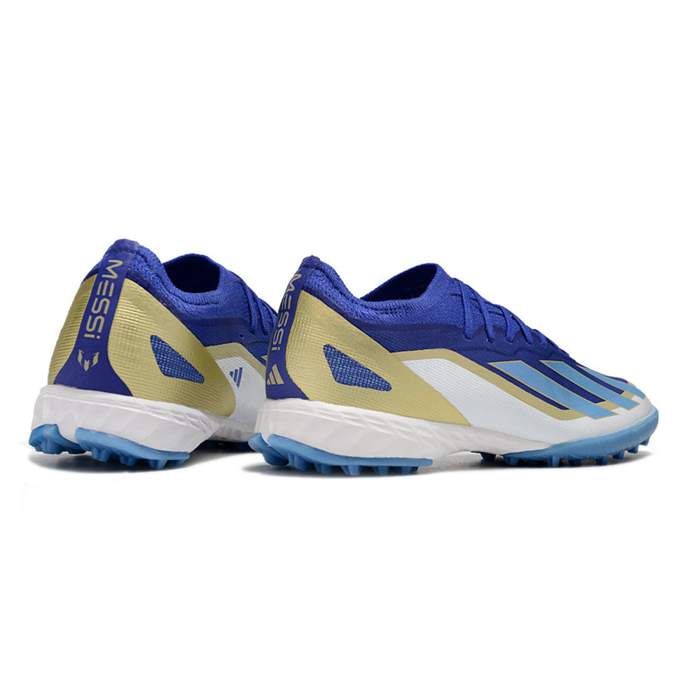 Chuteira Society Adidas X Crazyfast Messi.1 TF Azul, Branco e Dourado 