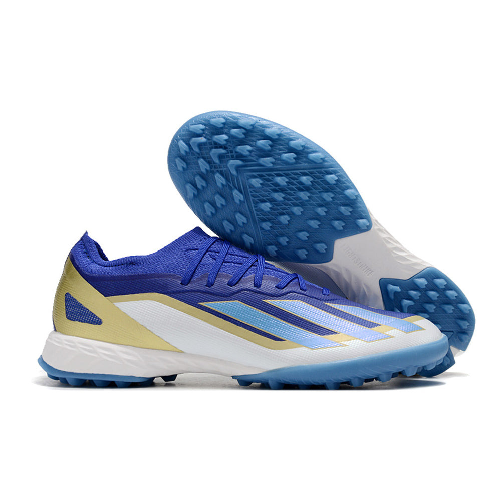 Chuteira Society Adidas X Crazyfast Messi.1 TF Azul, Branco e Dourado 