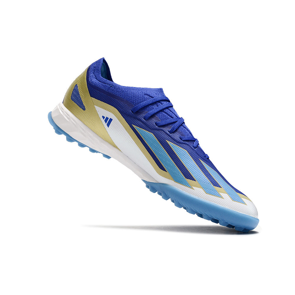 Chuteira Society Adidas X Crazyfast Messi.1 TF Azul, Branco e Dourado 