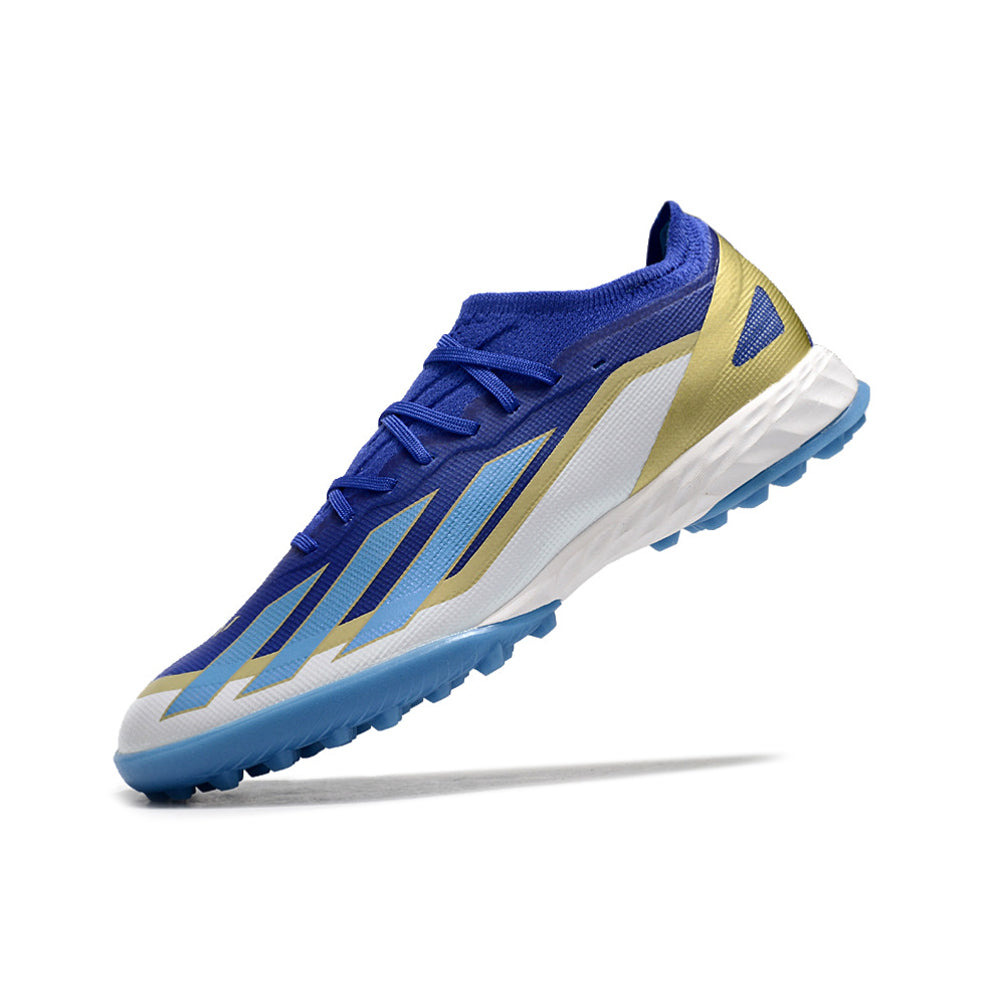 Chuteira Society Adidas X Crazyfast Messi.1 TF Azul, Branco e Dourado 