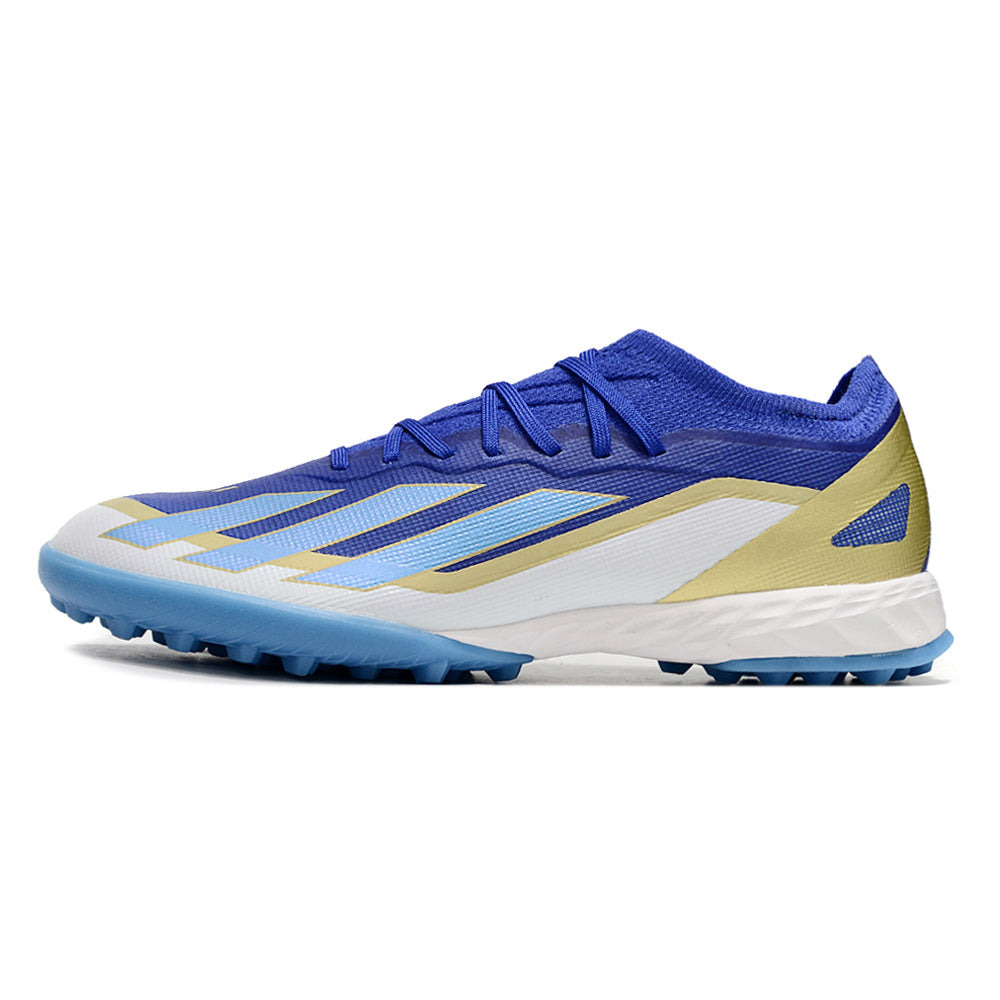 Chuteira Society Adidas X Crazyfast Messi.1 TF Azul, Branco e Dourado 
