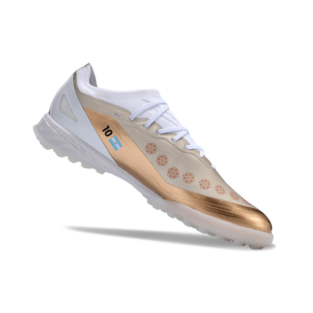 Chuteira Society Adidas X Crazyfast Messi.1 TF Branca e Dourada 