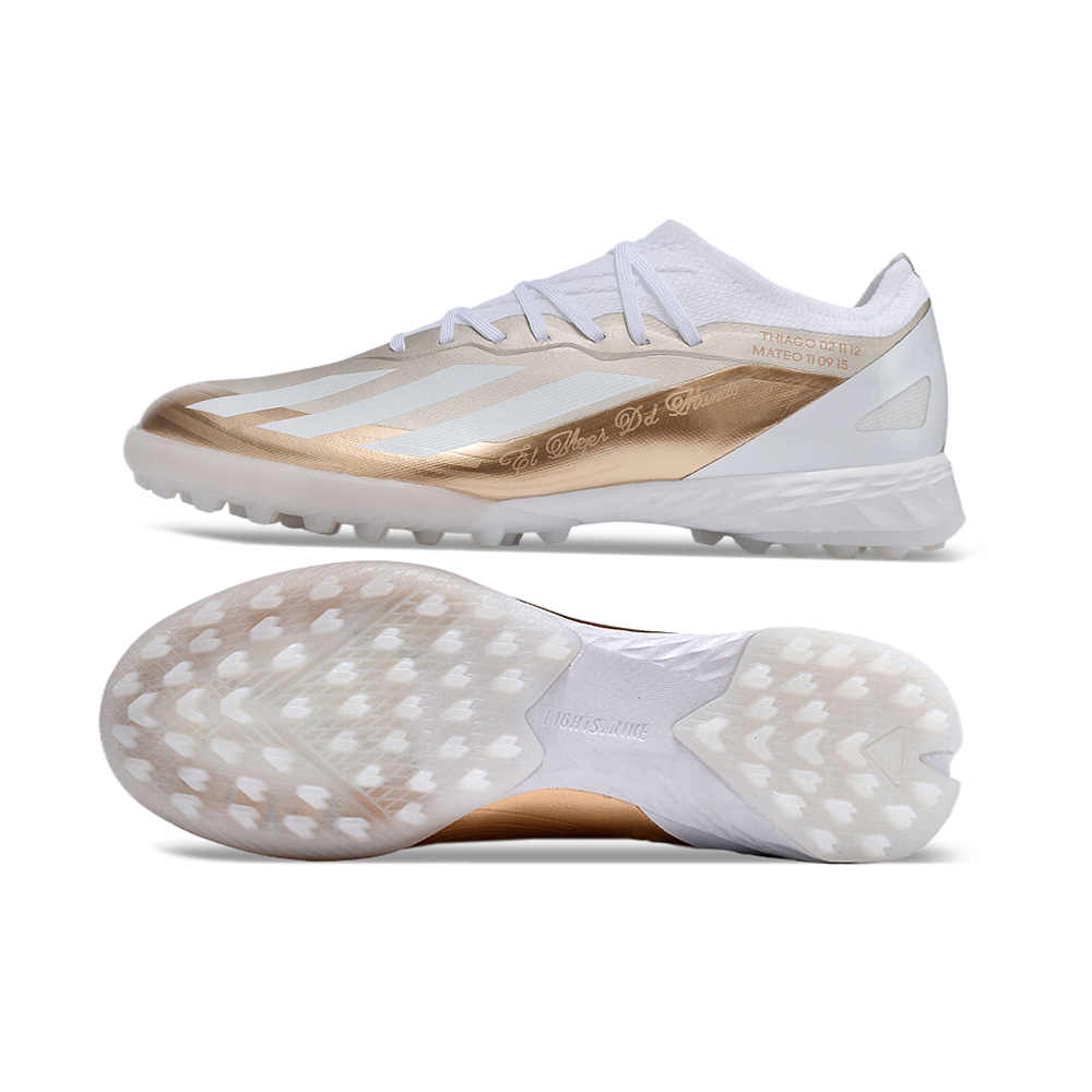 Chuteira Society Adidas X Crazyfast Messi.1 TF Branca e Dourada 