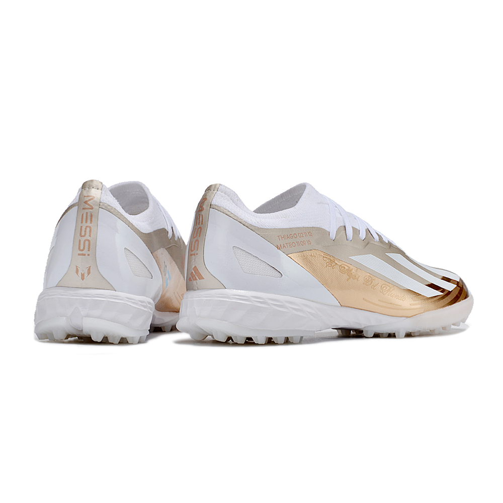 Chuteira Society Adidas X Crazyfast Messi.1 TF Branca e Dourada 