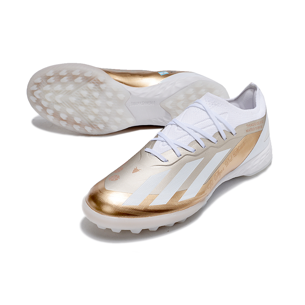 Chuteira Society Adidas X Crazyfast Messi.1 TF Branca e Dourada 