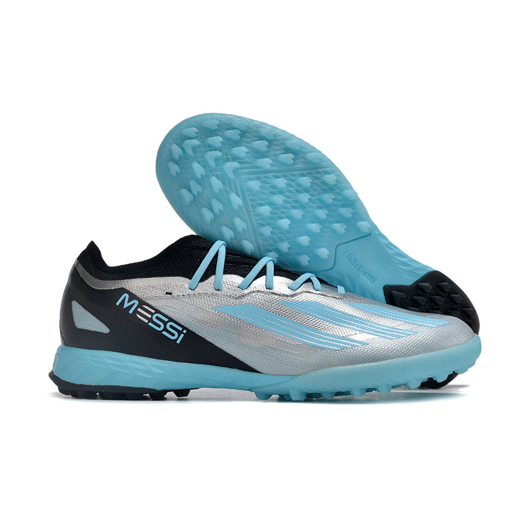 Chuteira Society Adidas X Crazyfast Messi.1 TF Prata e Azul 