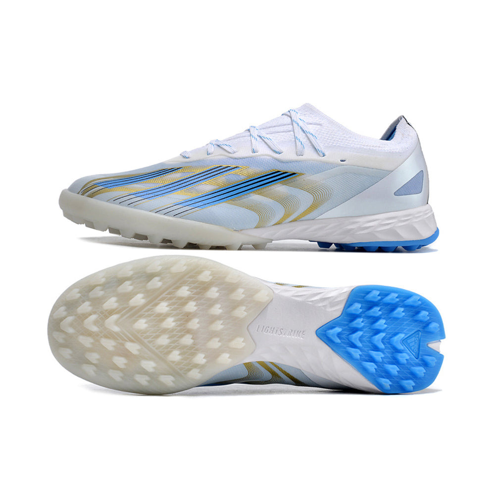 Chuteira Society Adidas X CrazyFast.1 TF Branca, Azul e Dourada 