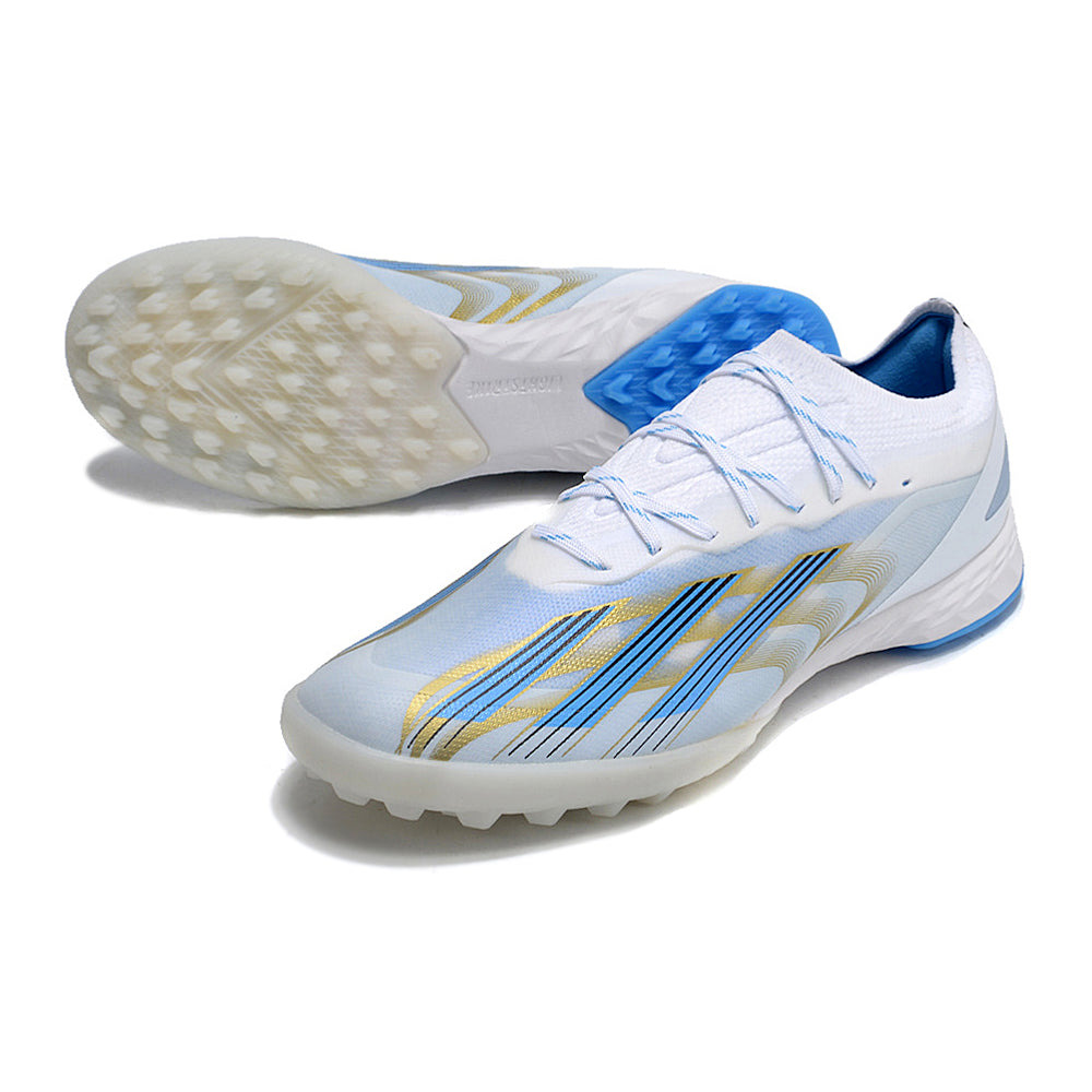 Chuteira Society Adidas X CrazyFast.1 TF Branca, Azul e Dourada 