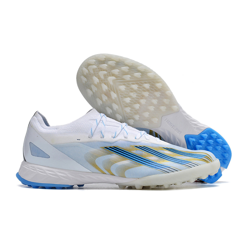 Chuteira Society Adidas X CrazyFast.1 TF Branca, Azul e Dourada 