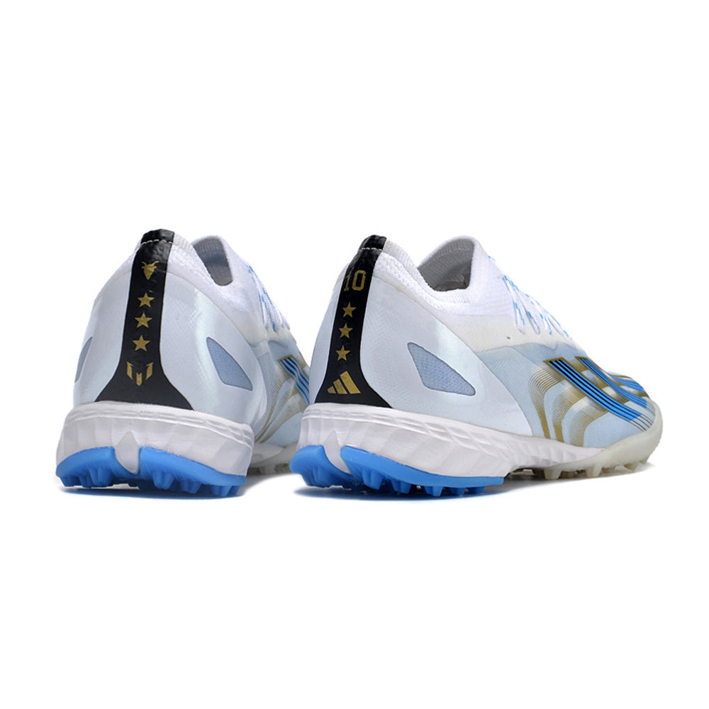 Chuteira Society Adidas X CrazyFast.1 TF Branca, Azul e Dourada 