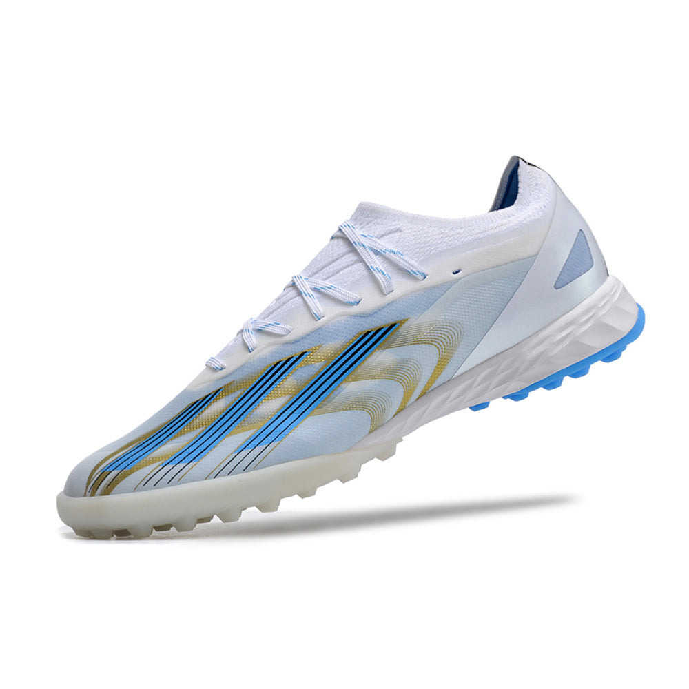 Chuteira Society Adidas X CrazyFast.1 TF Branca, Azul e Dourada 