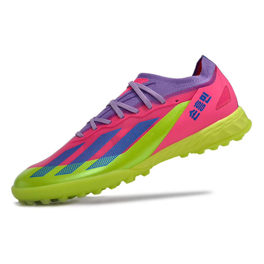 Chuteira Society Adidas X Crazyfast.1 TF Rosa e Verde 