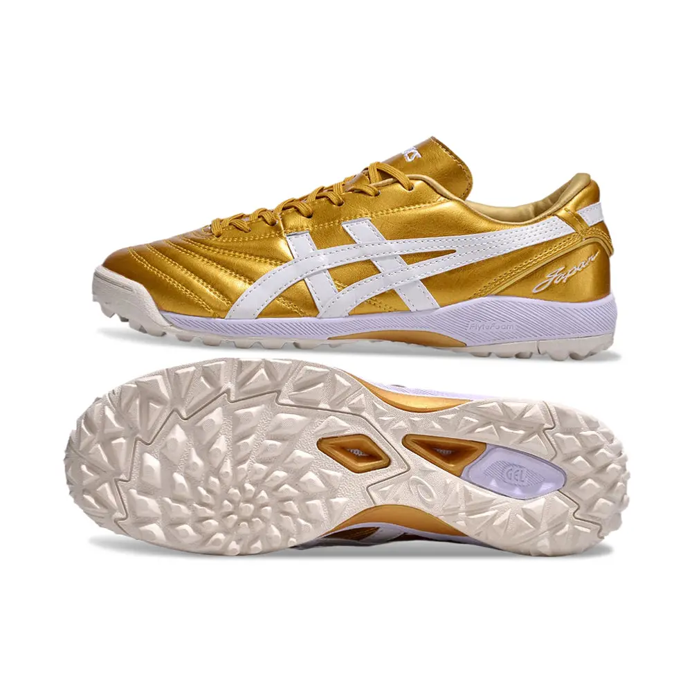 Chuteira Society Asics Japan TF Dourada e Branco