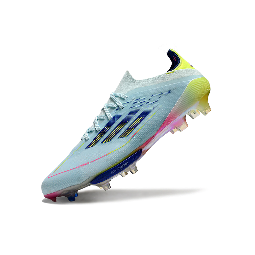Chuteira Campo Adidas F50+ FG Azul, Rosa e Amarelo 
