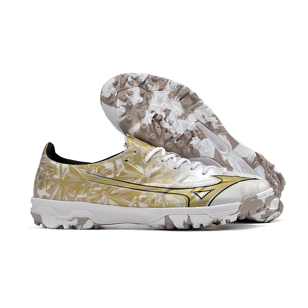 Chuteira Society Mizuno Alpha TF Branca e Dourado 