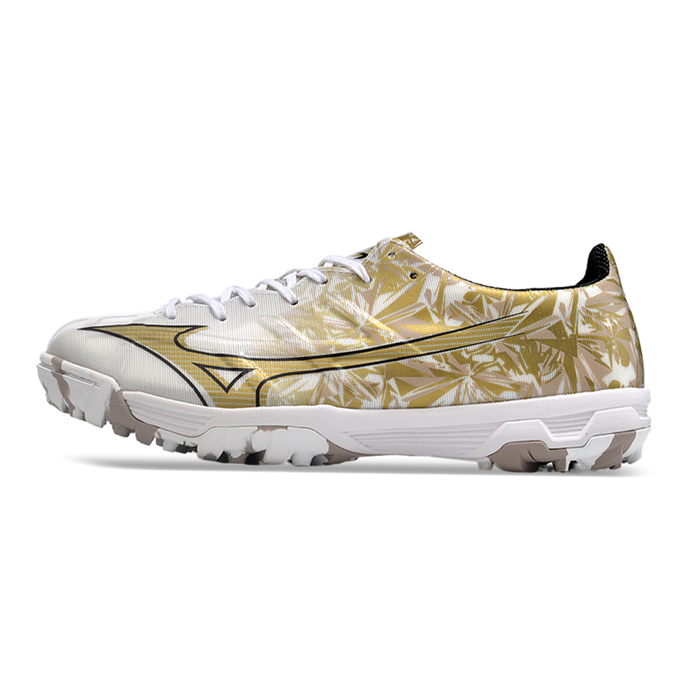 Chuteira Society Mizuno Alpha TF Branca e Dourado 