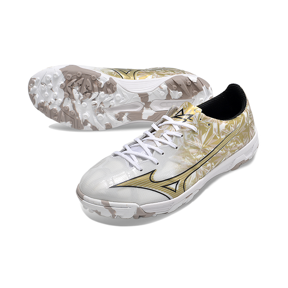 Chuteira Society Mizuno Alpha TF Branca e Dourado 