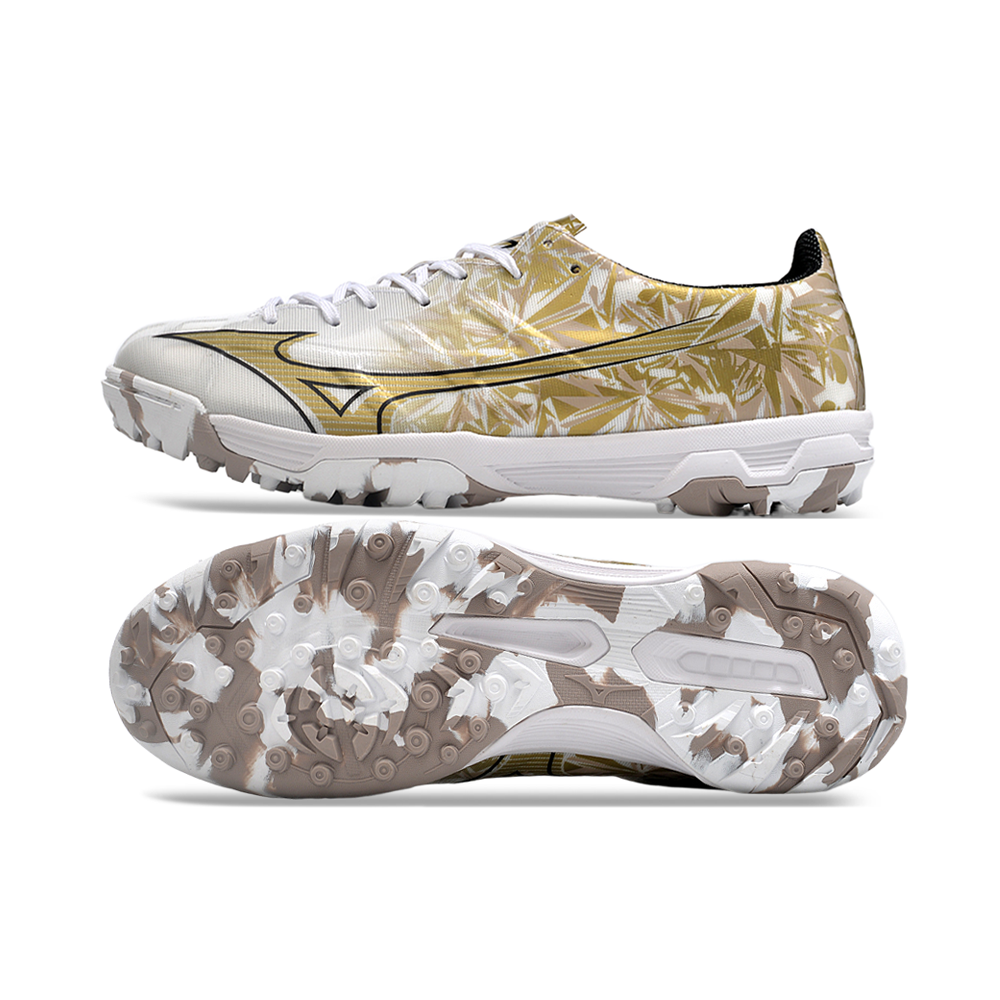 Chuteira Society Mizuno Alpha TF Branca e Dourado 