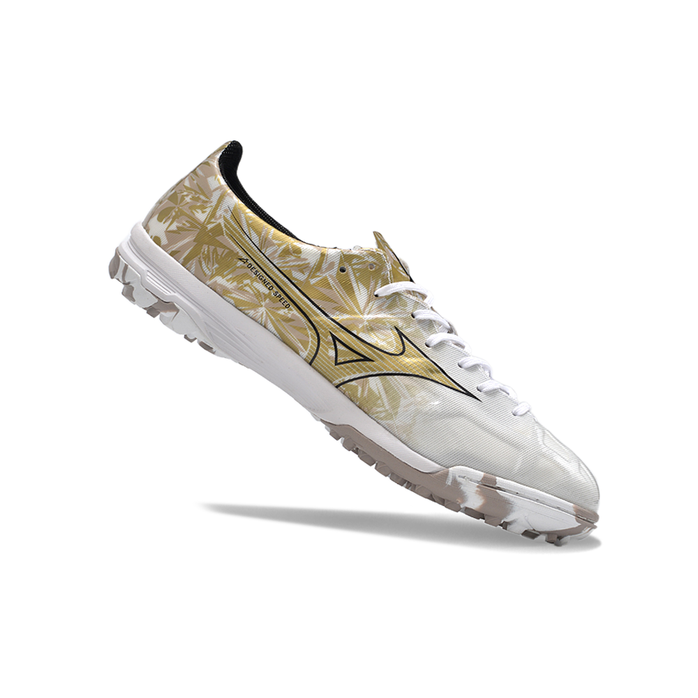 Chuteira Society Mizuno Alpha TF Branca e Dourado 