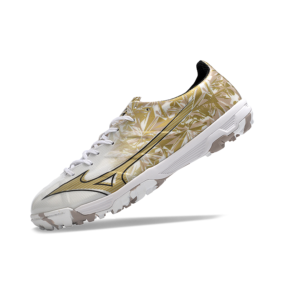 Chuteira Society Mizuno Alpha TF Branca e Dourado 